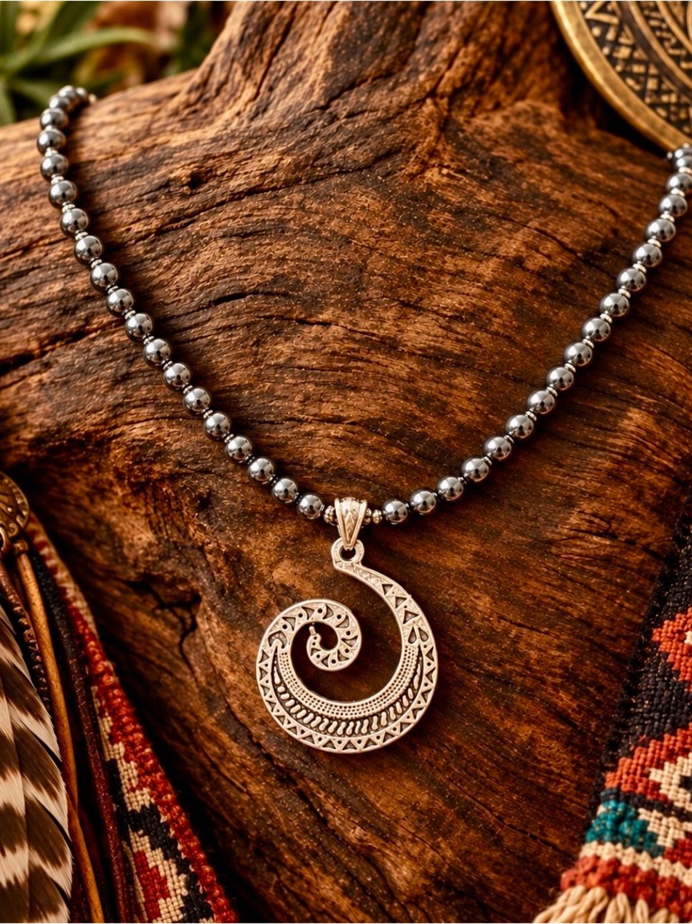 Hematite & Sterling Accented Spiral Pendant Beaded Necklace - Women Jewelry